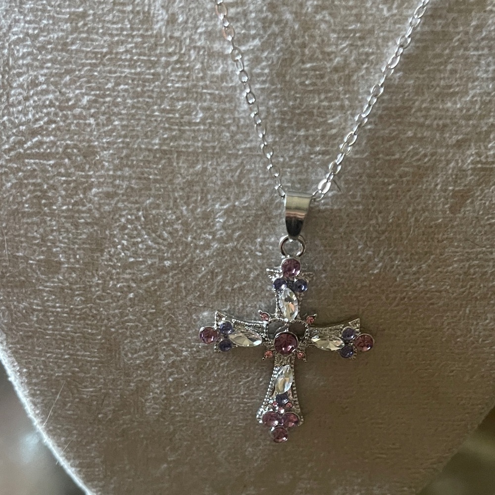 Silver and Pink Gemstone Cross Necklace